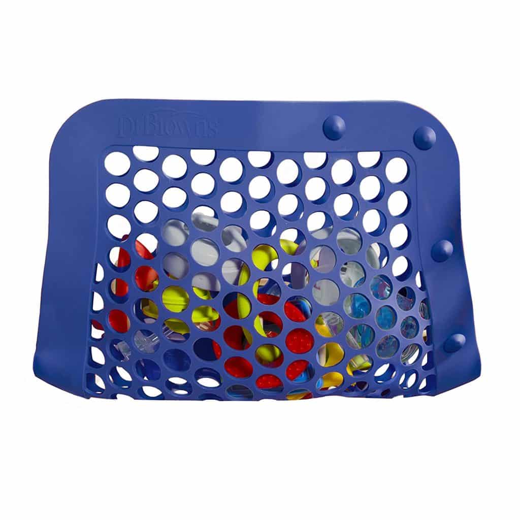 Blue basket overflowing with toys