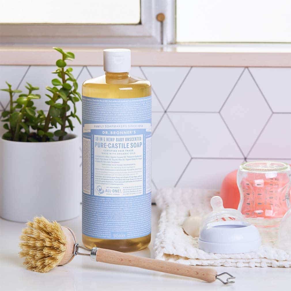 Dr. Bronner's soap and bottle brush