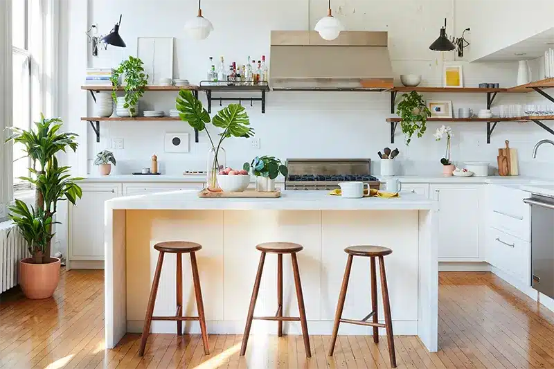 White kitchen with wooden stools and potted plant