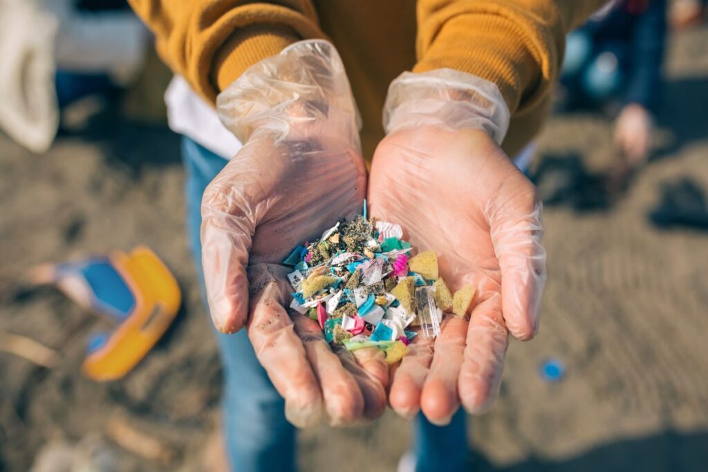 Person wearing gloves holding plastic waste