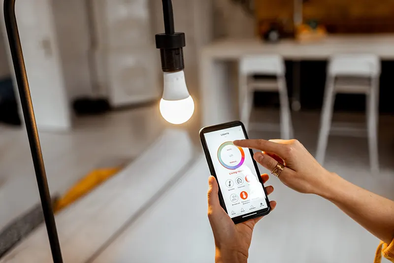 Person holding cellphone with a light bulb