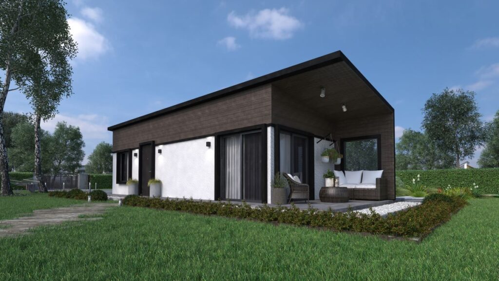 A rendering of a modern house with a patio