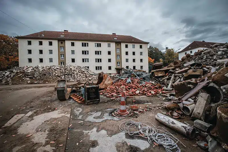 Pile of debris in front of a building