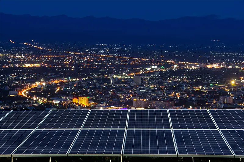 Solar panels on a building rooftop