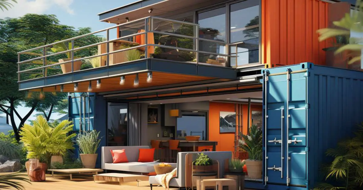 a two-story shipping container home, with its main door open, showing the couches in the living area