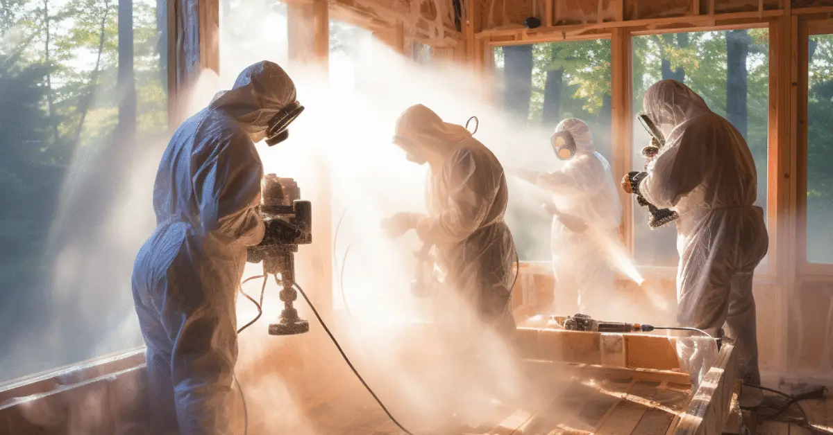 four workers in protective clothing and masks applying spray foam insulation to a shipping container