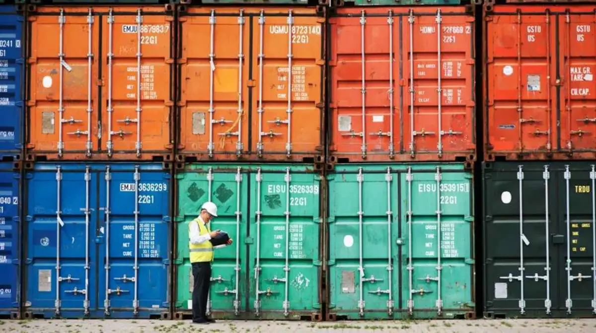 A man standing in front of large shipping containers.