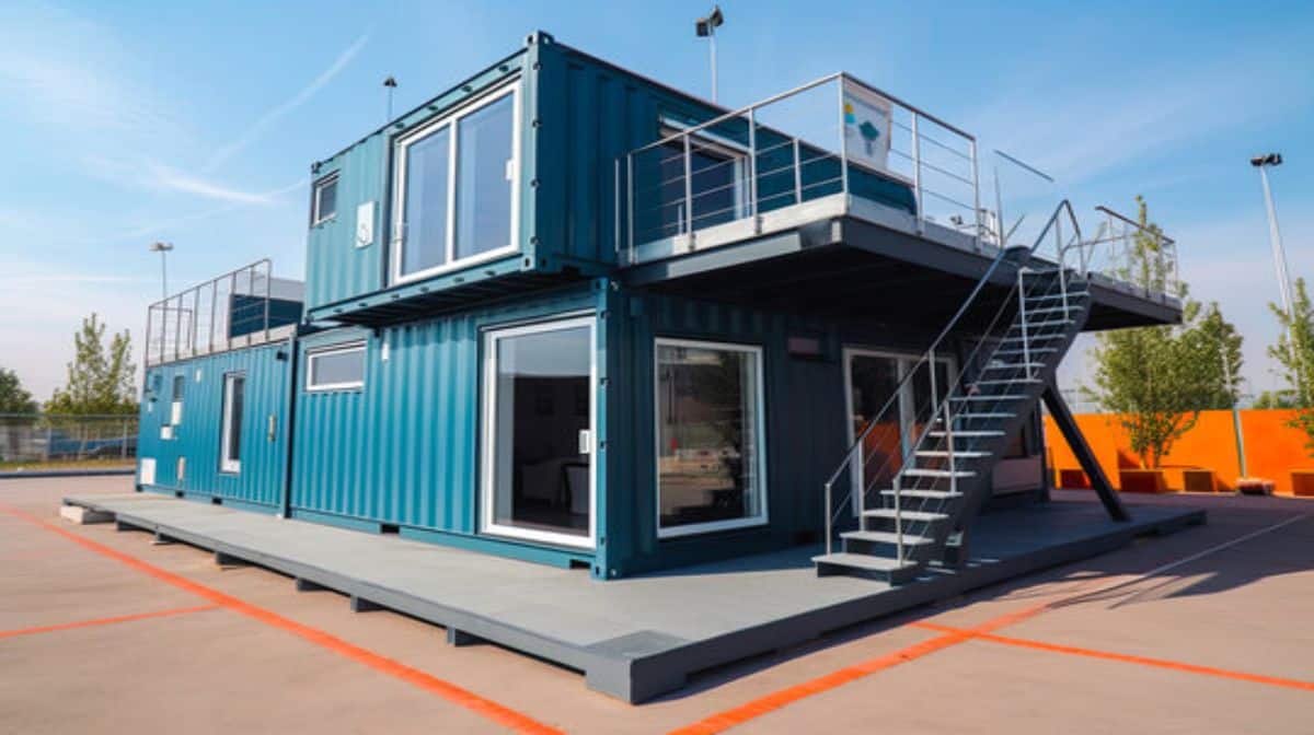 A blue-colored, customized container home.