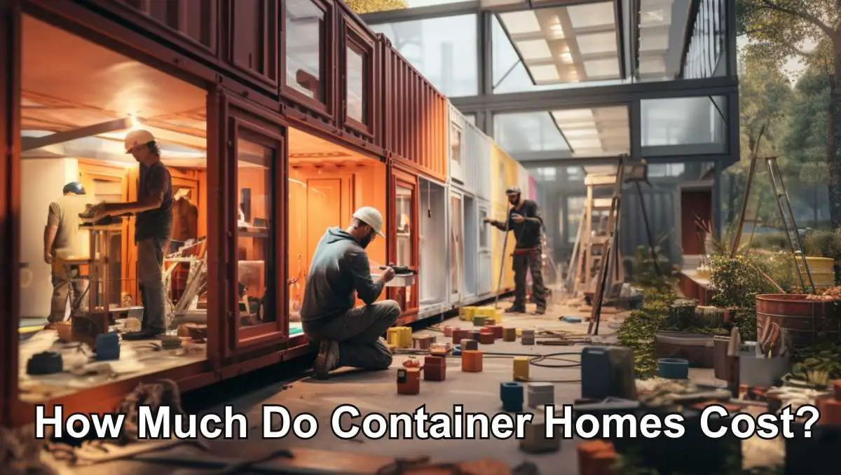 Four laborers working on constructing a container home.
