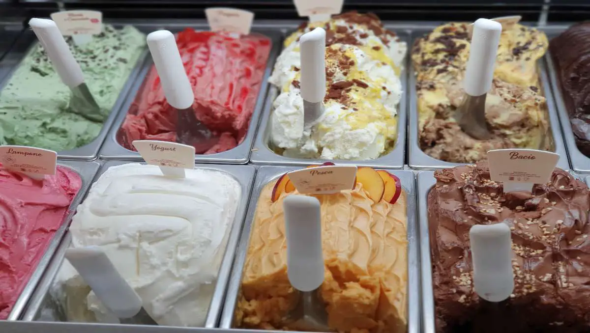A display of the different flavors of ice cream.