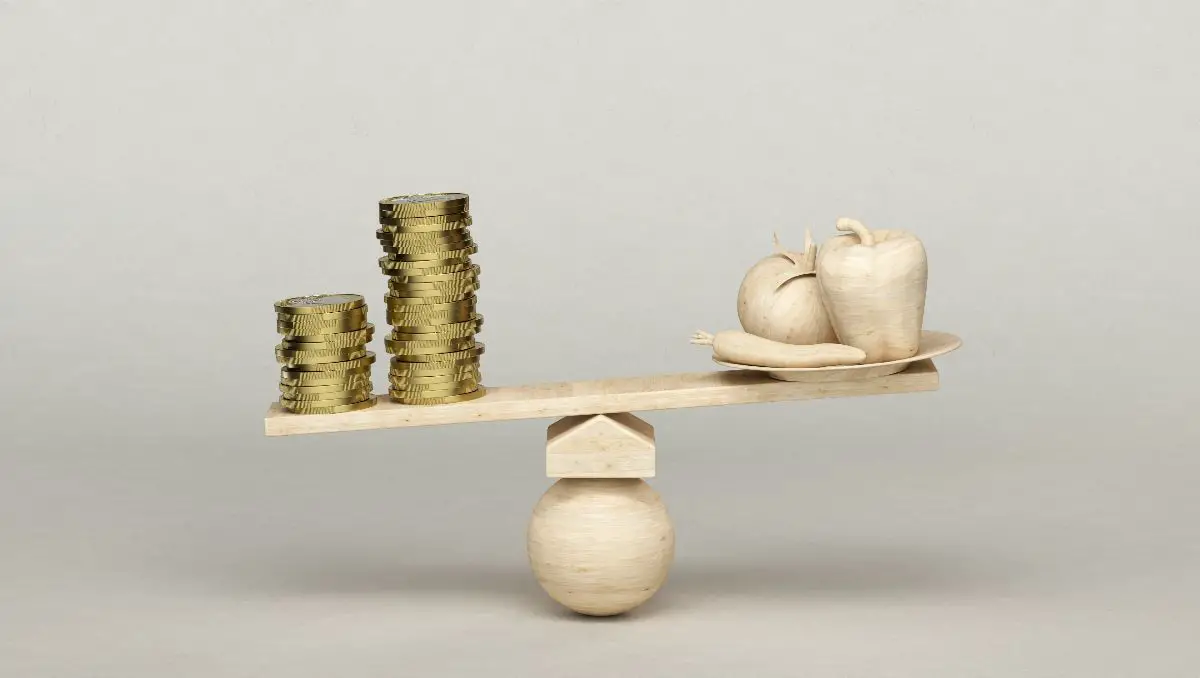 A balanced wooden scale with a stack of coins on the left and wooden apple, carrot, and tomato on the right.