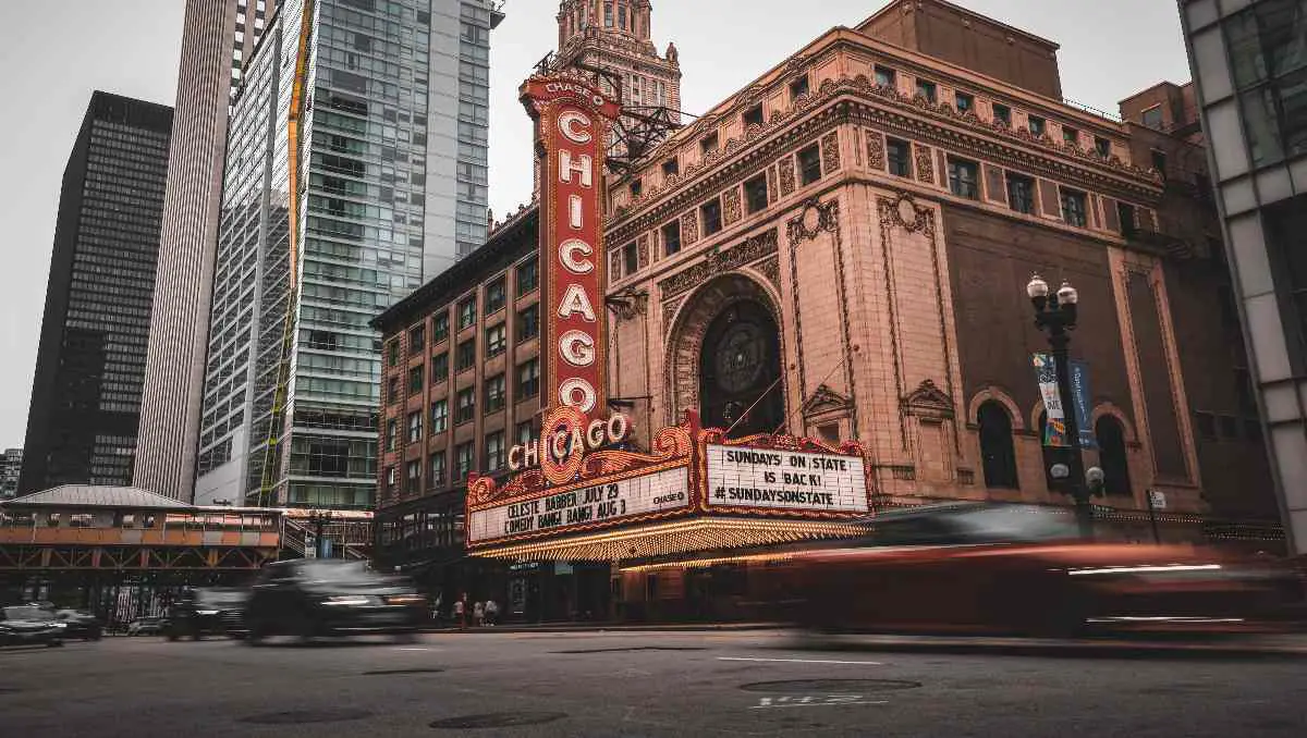 The front street of Chicago Theatre at Chicago, Illinois.
