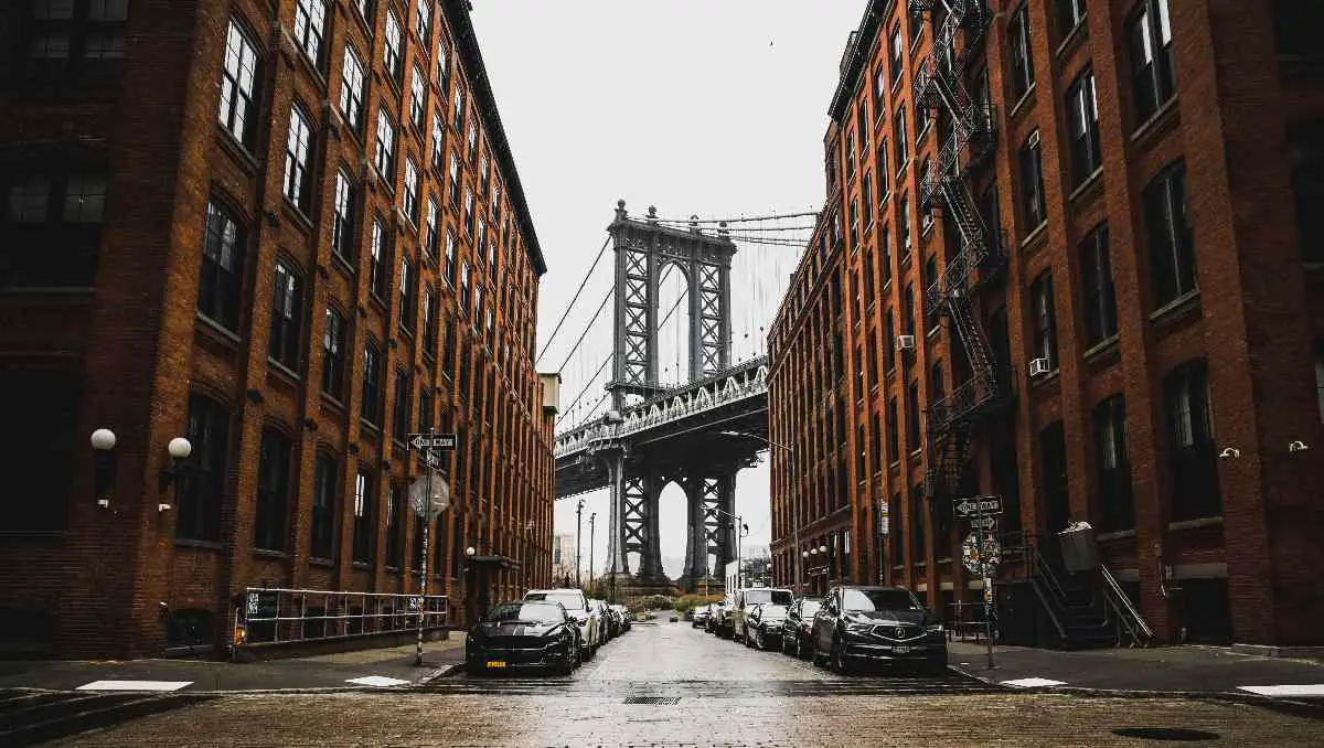 Manhattan bridge through Dumbo in New York City.