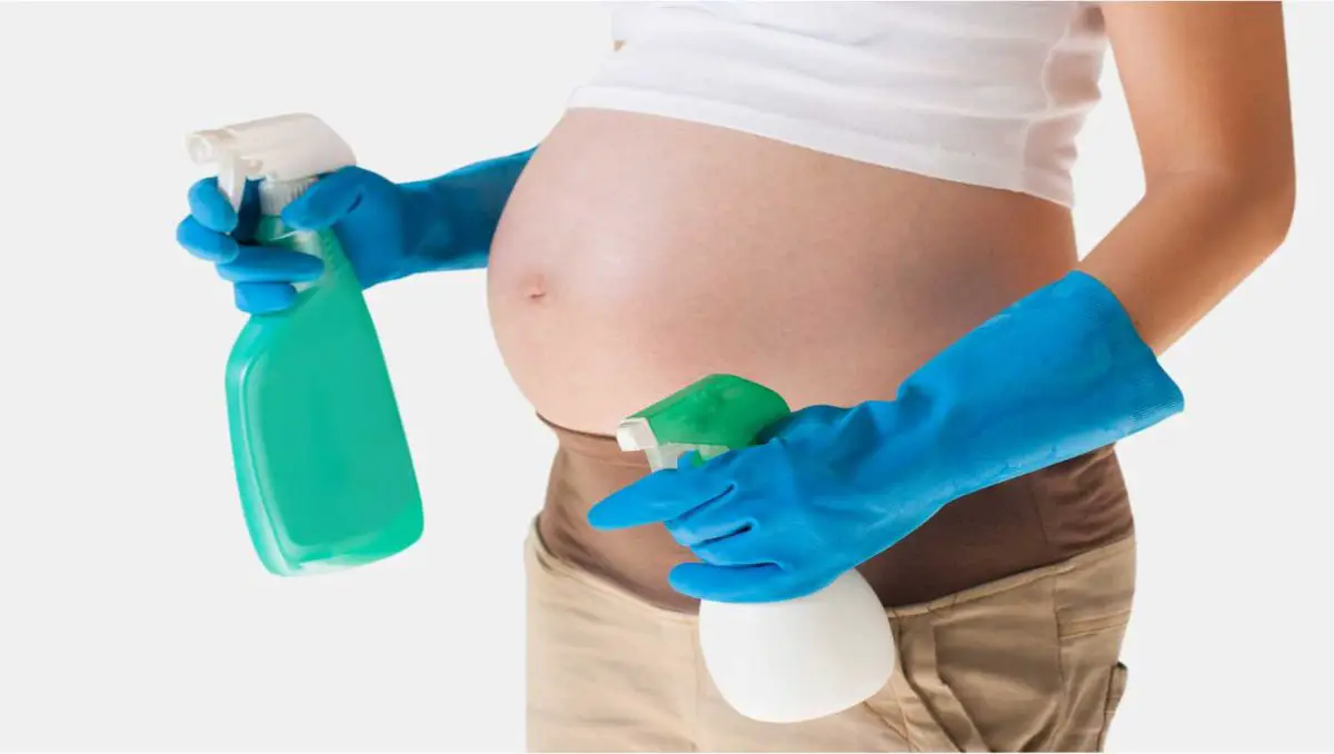 A pregnant woman holding two cleaning sprays on both her hands. 