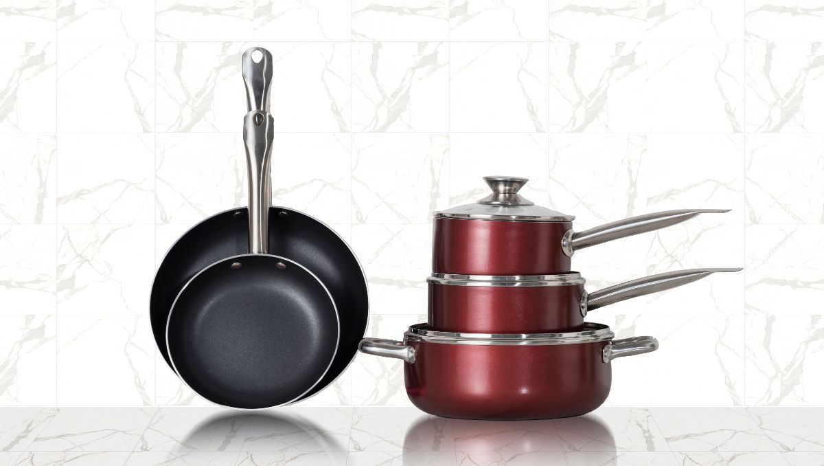 A set of cookwares including two Teflons and stainless steel pans.