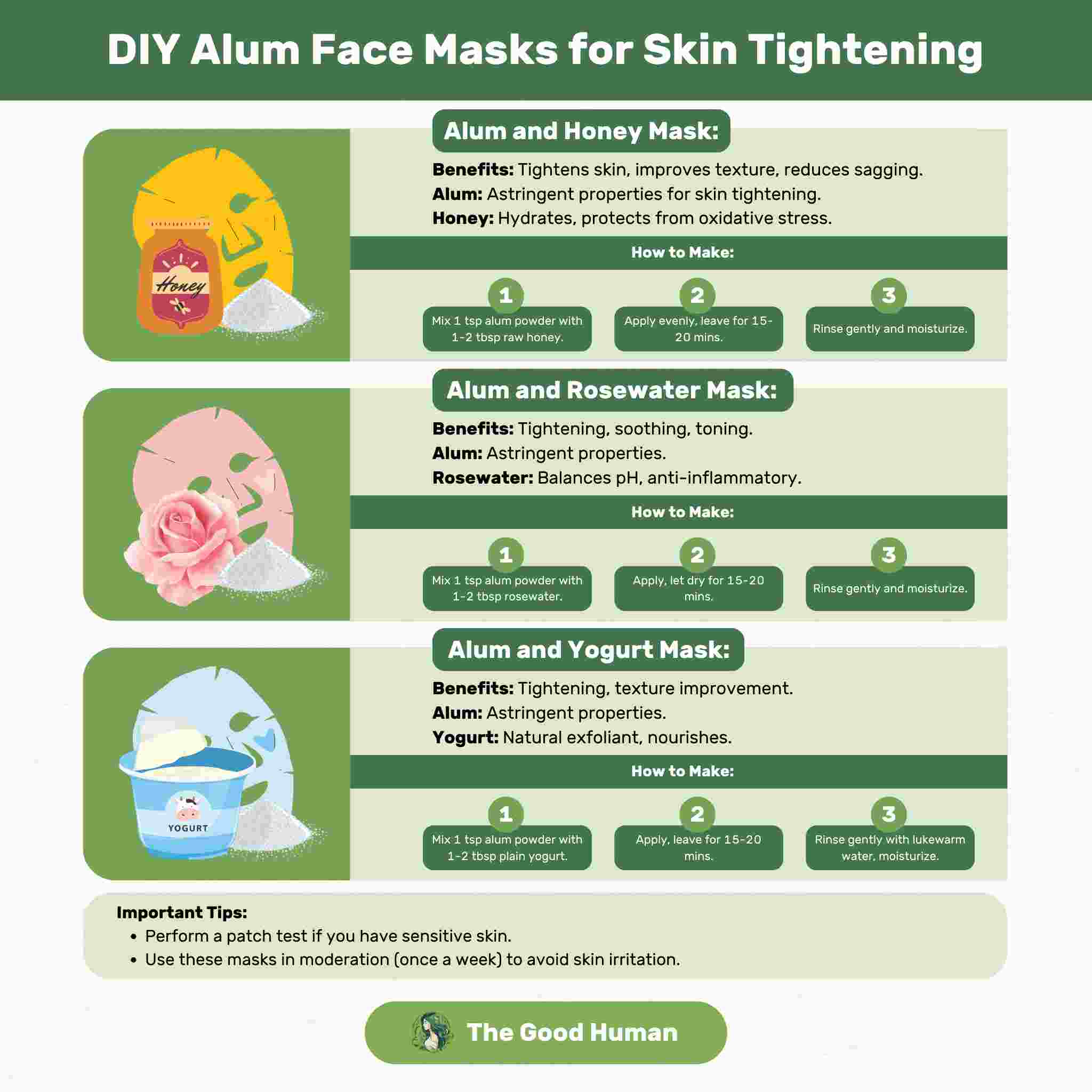 An infographic on DIY alum face masks for skin tightening.