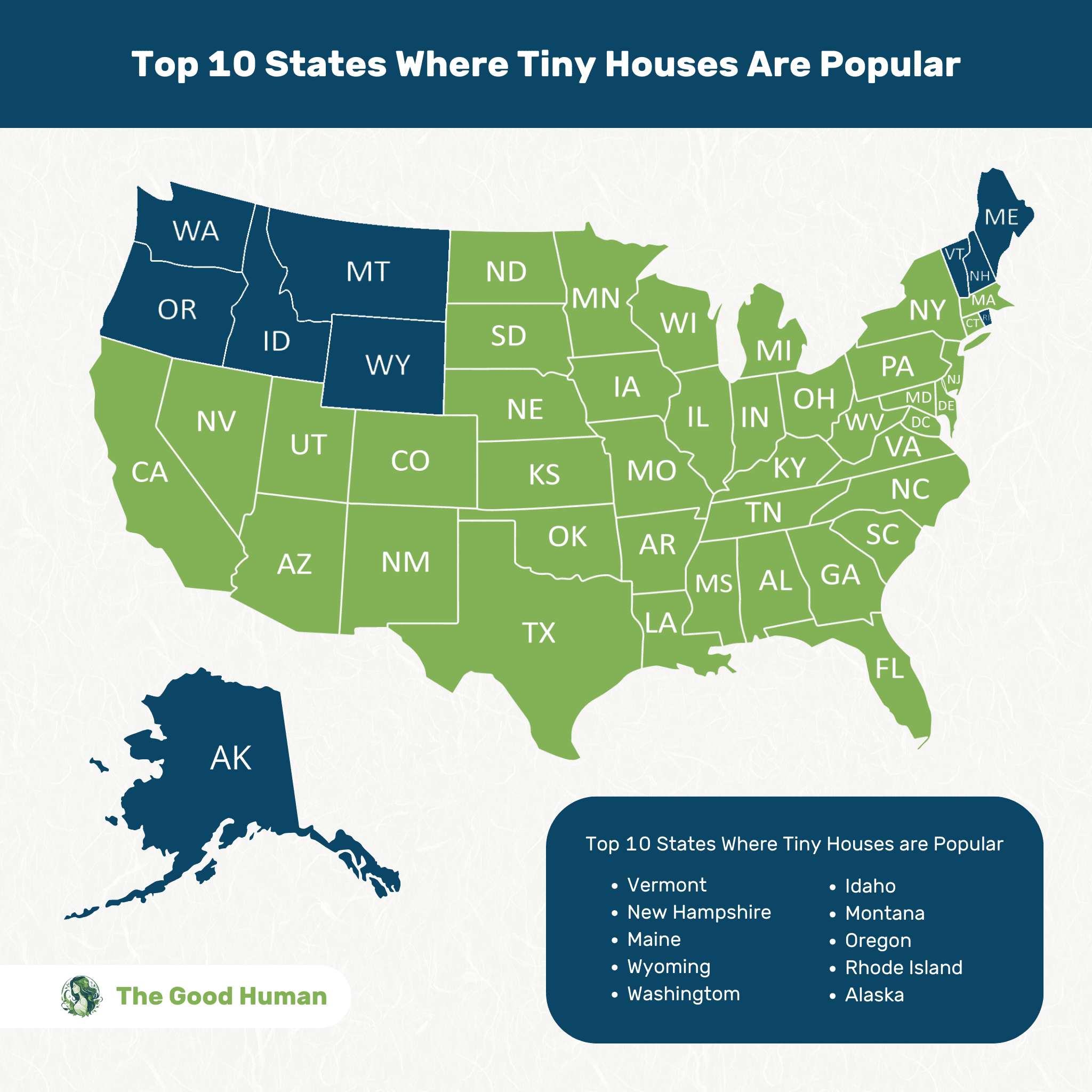 Map of the top 10 states in the U.S. where tiny houses are popular