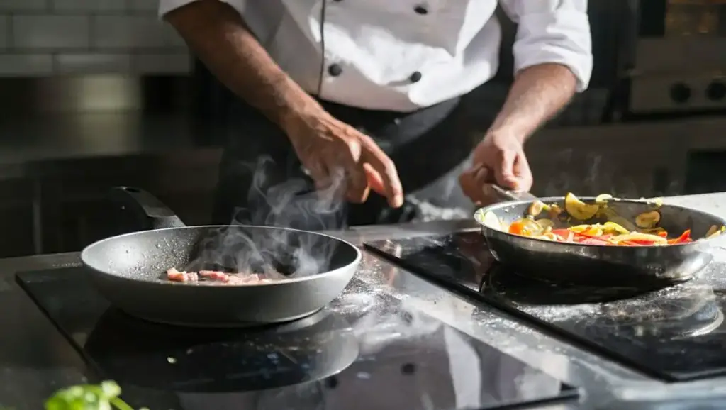 A chef cooking in the kitchen using two teflon pans.