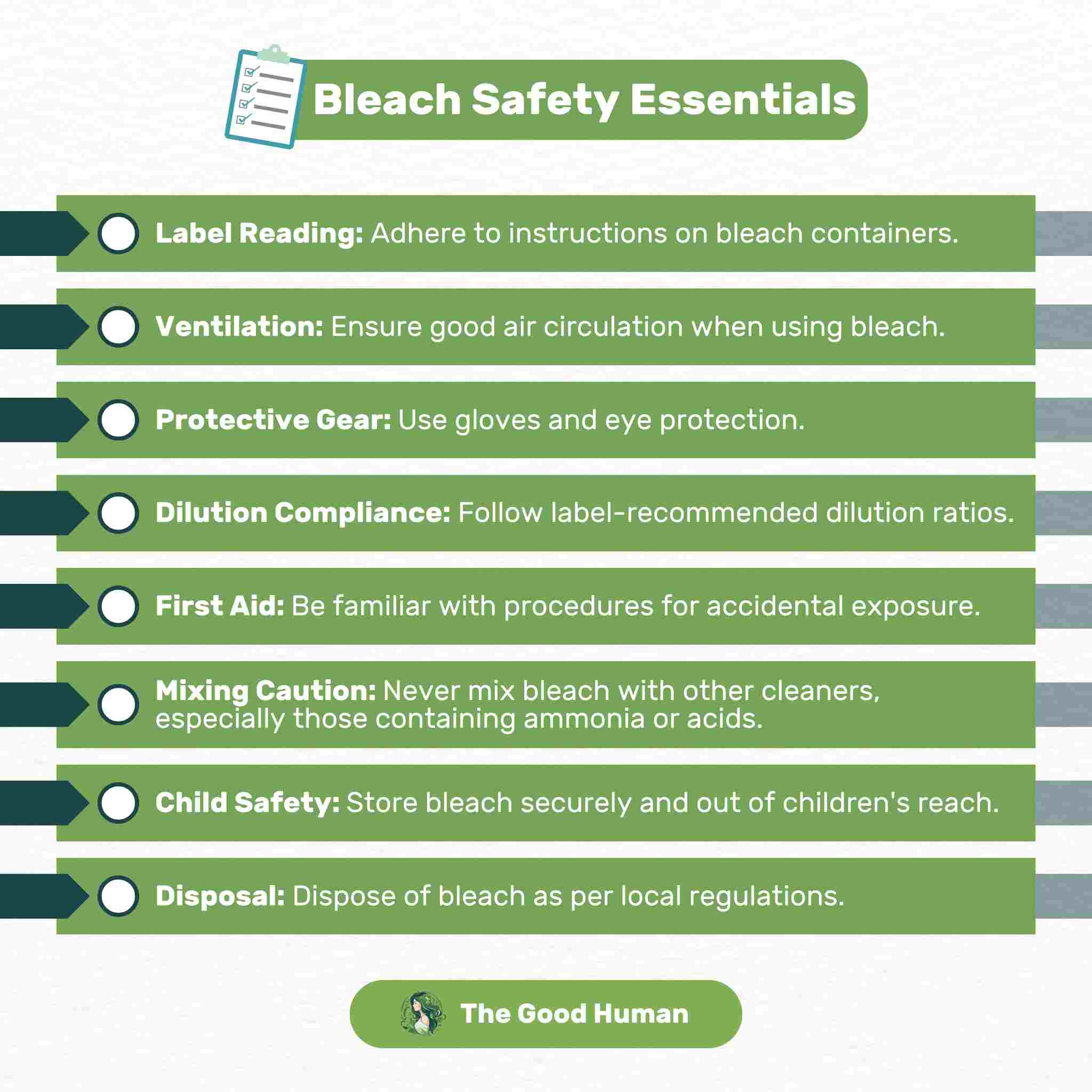 A checklist for bleach safety essentials.