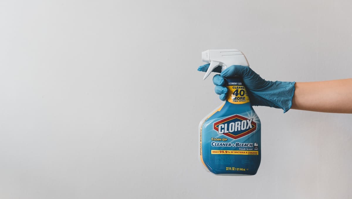 A hand holding a bottle of Clorox bleach.