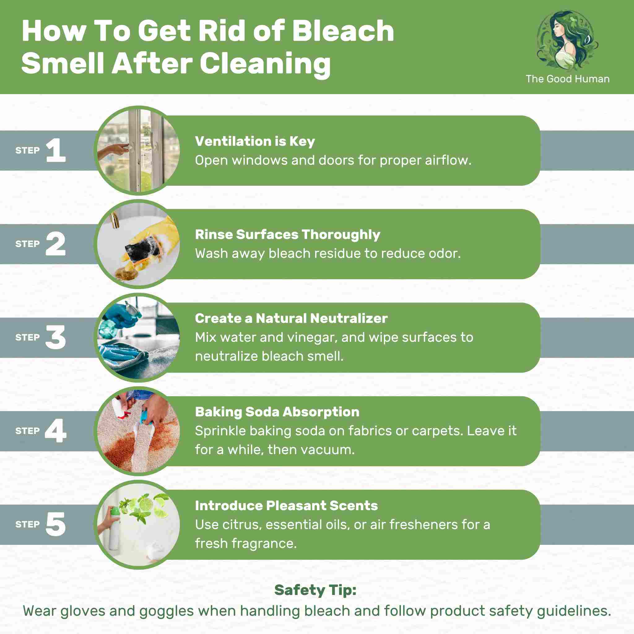 A graphic on the steps how to get rid of bleach smell after cleaning.