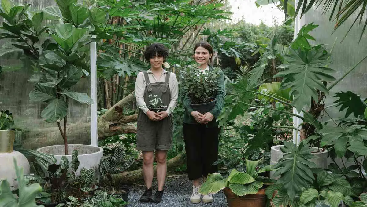 Two female gardeners holding plant pots in the garden.
