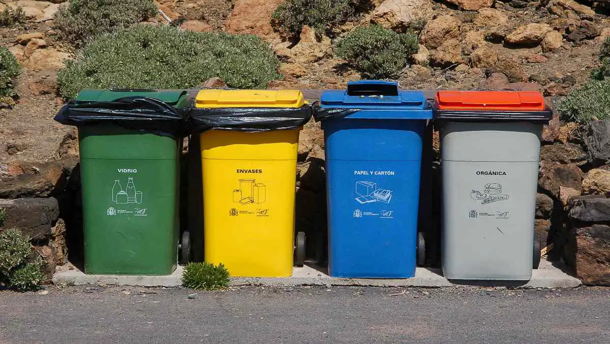 Multi-colored trash bins with designated labels.